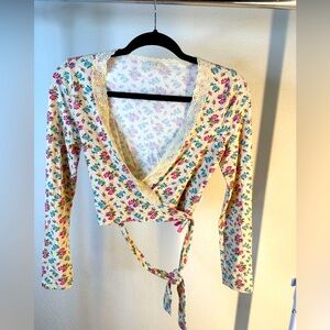 Floral Wrap Top with Lace Trim